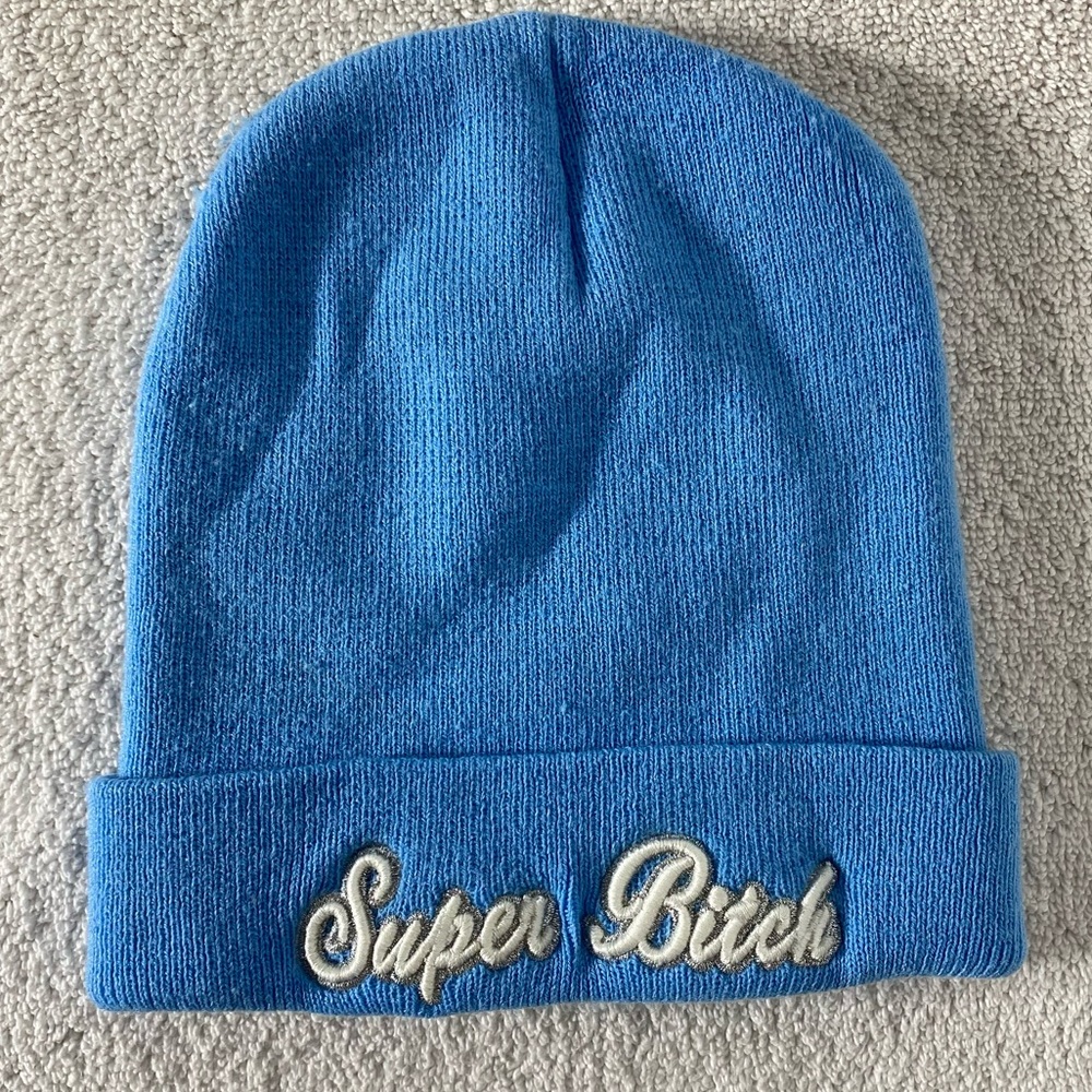 Vintage Y2K Super B!tch Baby Blue Beanie Toque Winter Hat